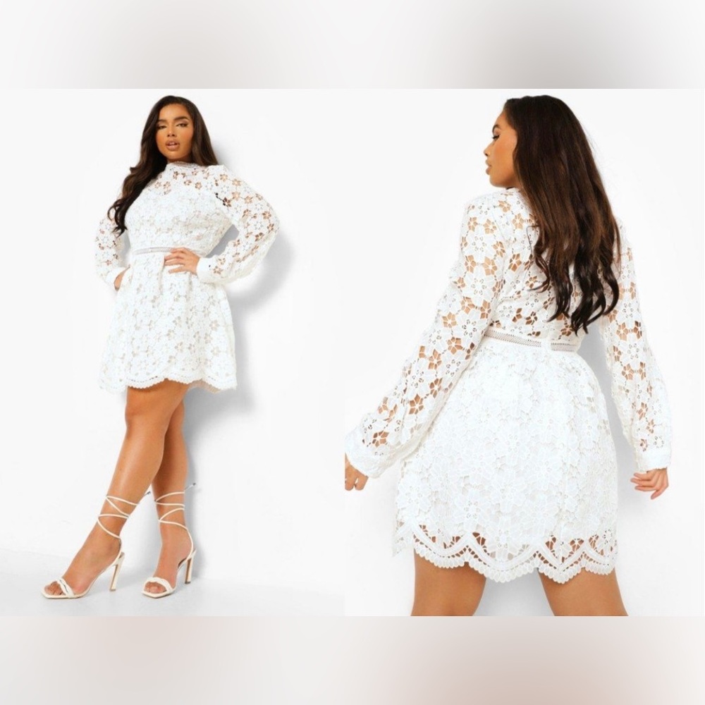 Plus High Neck Ivory Lace Skater Dress